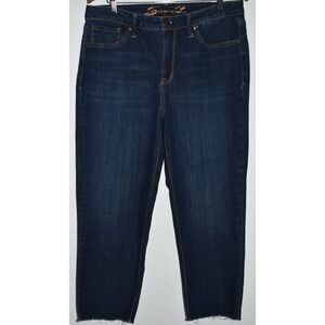 Seven7 12 Tower Straight Crop Jeans High Rise Raw Hem Stretch Blue Dark Wash
